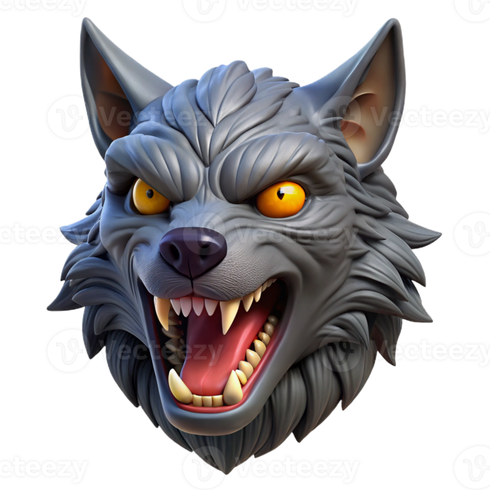 vibrant modern A fearsome, snarling werewolf head with glowing eyes high resolution png