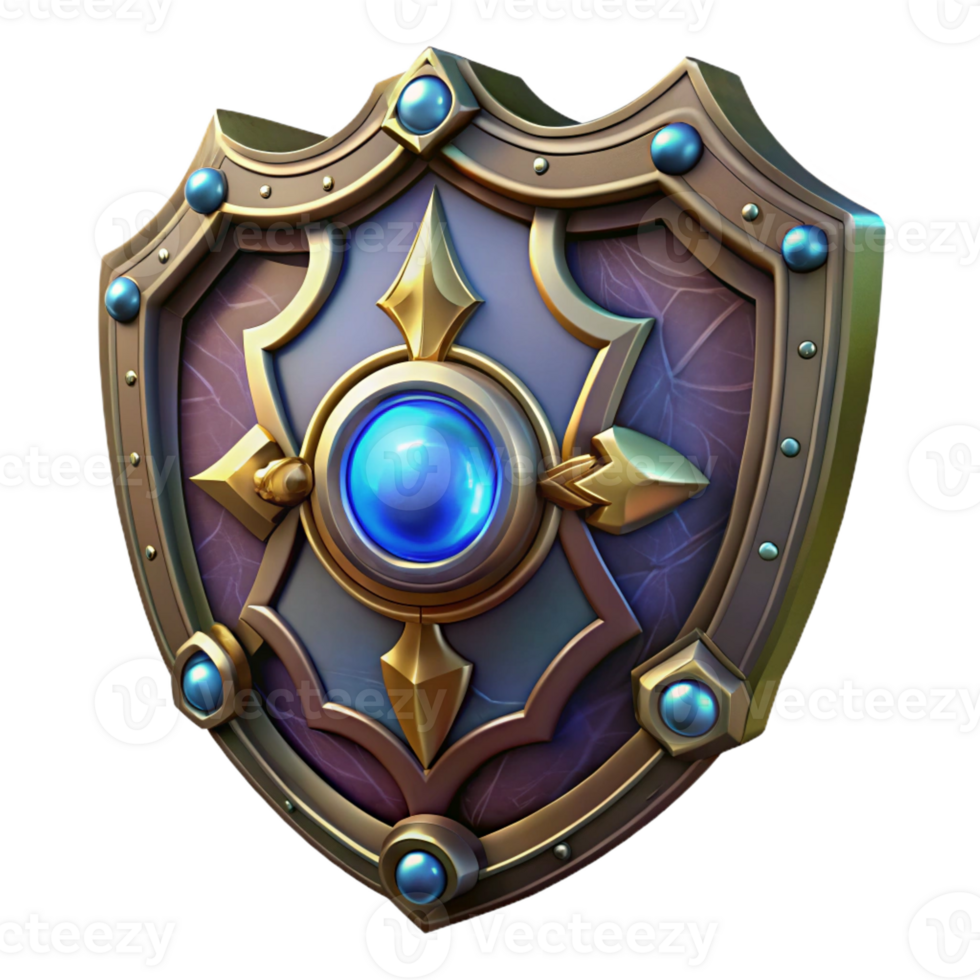 vibrant modern A detailed, ornate shield with a glowing, magical center high quality png