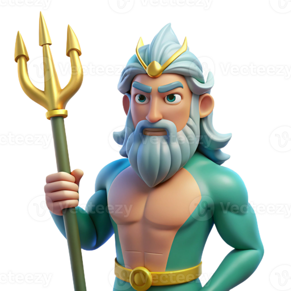 elegant rustic Poseidon, God of the Sea, wielding his trident premium png