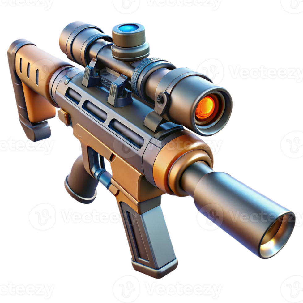 vibrant contemporary Futuristic rifle with scope and silencer, exclusive png