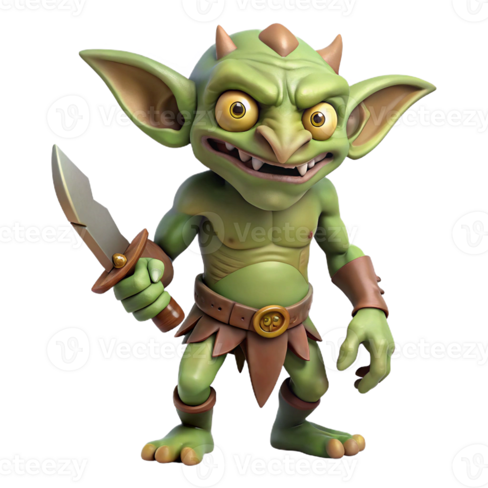 beautiful contemporary A grotesque goblin, holding a rusty knife high quality png
