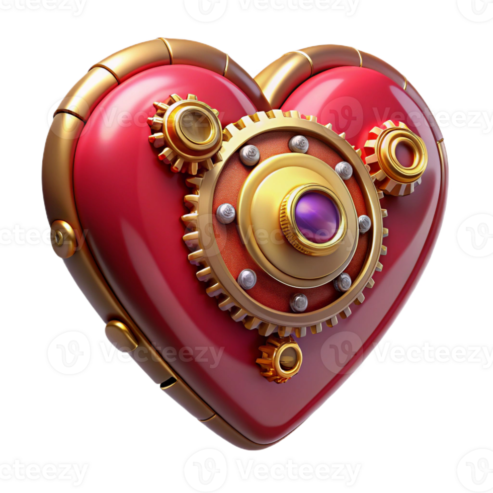 dramatic rustic Steampunk clockwork heart with ruby accents exclusive png