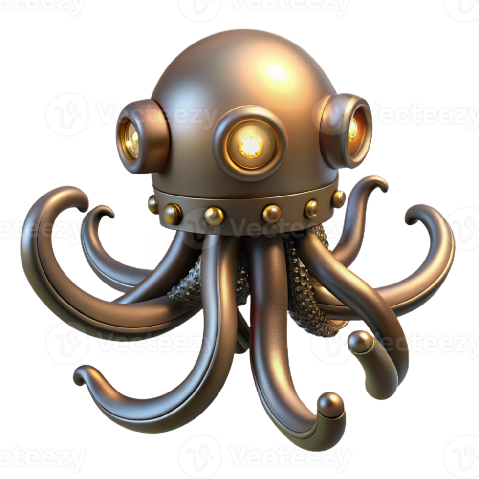 impressive rustic Steampunk octopus with metal tentacles and glowing suckers exclusive png