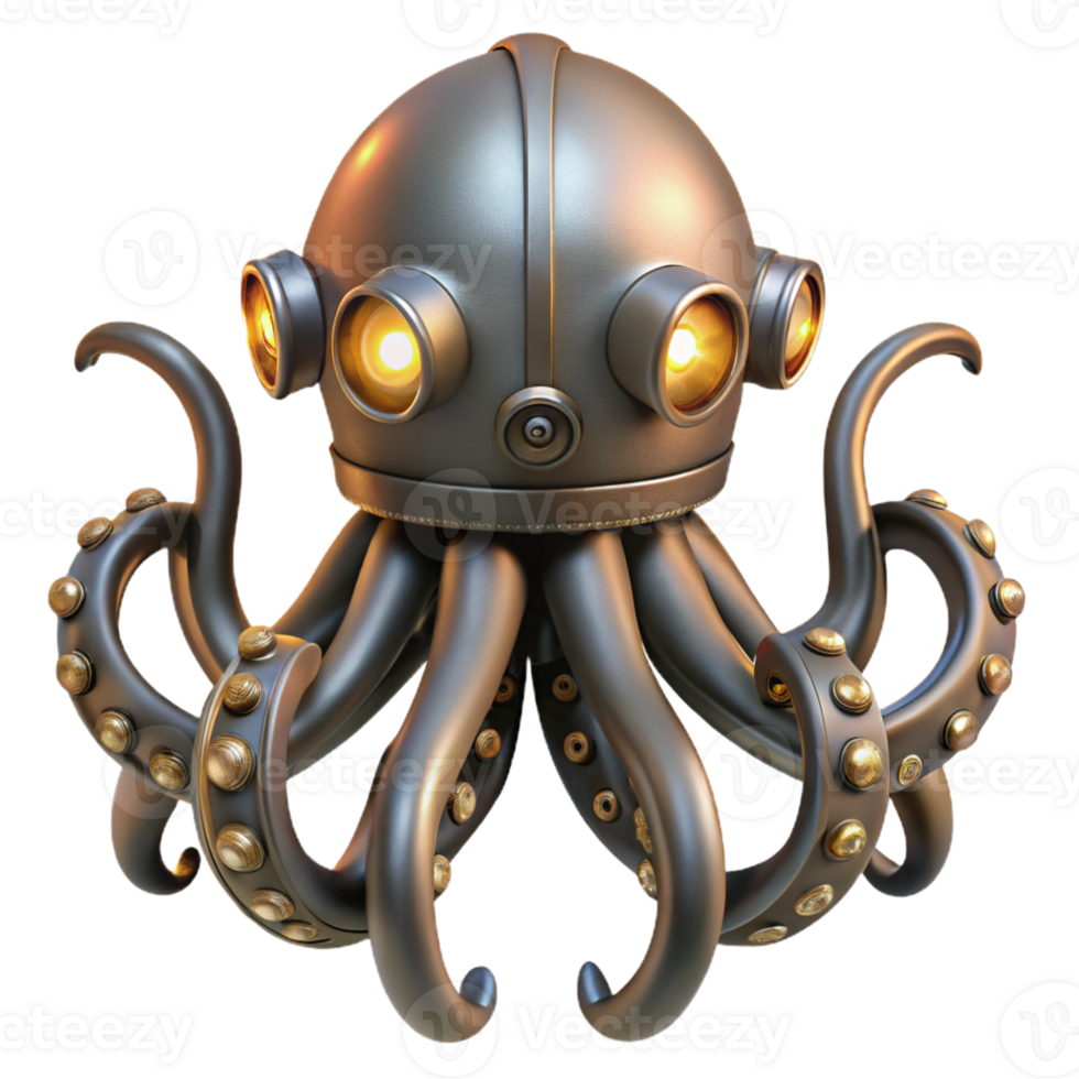 beautiful contemporary Steampunk octopus with metal tentacles and glowing suckers detailed png