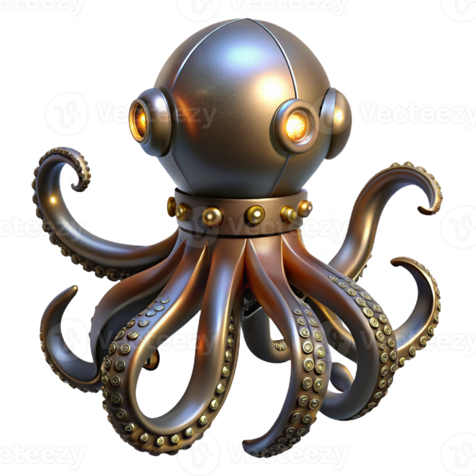 wonderful contemporary Steampunk octopus with metal tentacles and glowing suckers high quality png