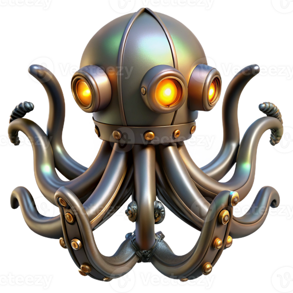 magnificent abstract Steampunk octopus with metal tentacles and glowing suckers professional png