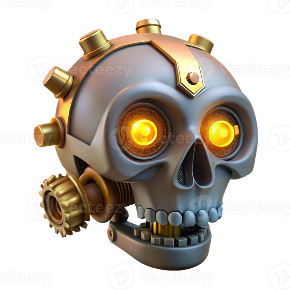 wonderful artistic Steampunk skull with gears, pipes, and glowing eyes detailed png