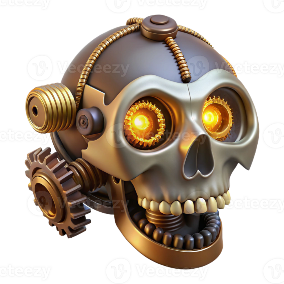 stunning artistic Steampunk skull with gears, pipes, and glowing eyes authentic png