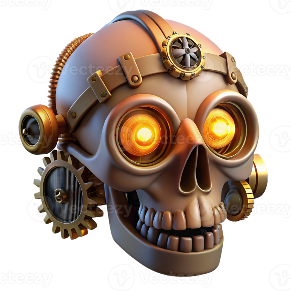 magnificent traditional Steampunk skull with gears, pipes, and glowing eyes genuine png