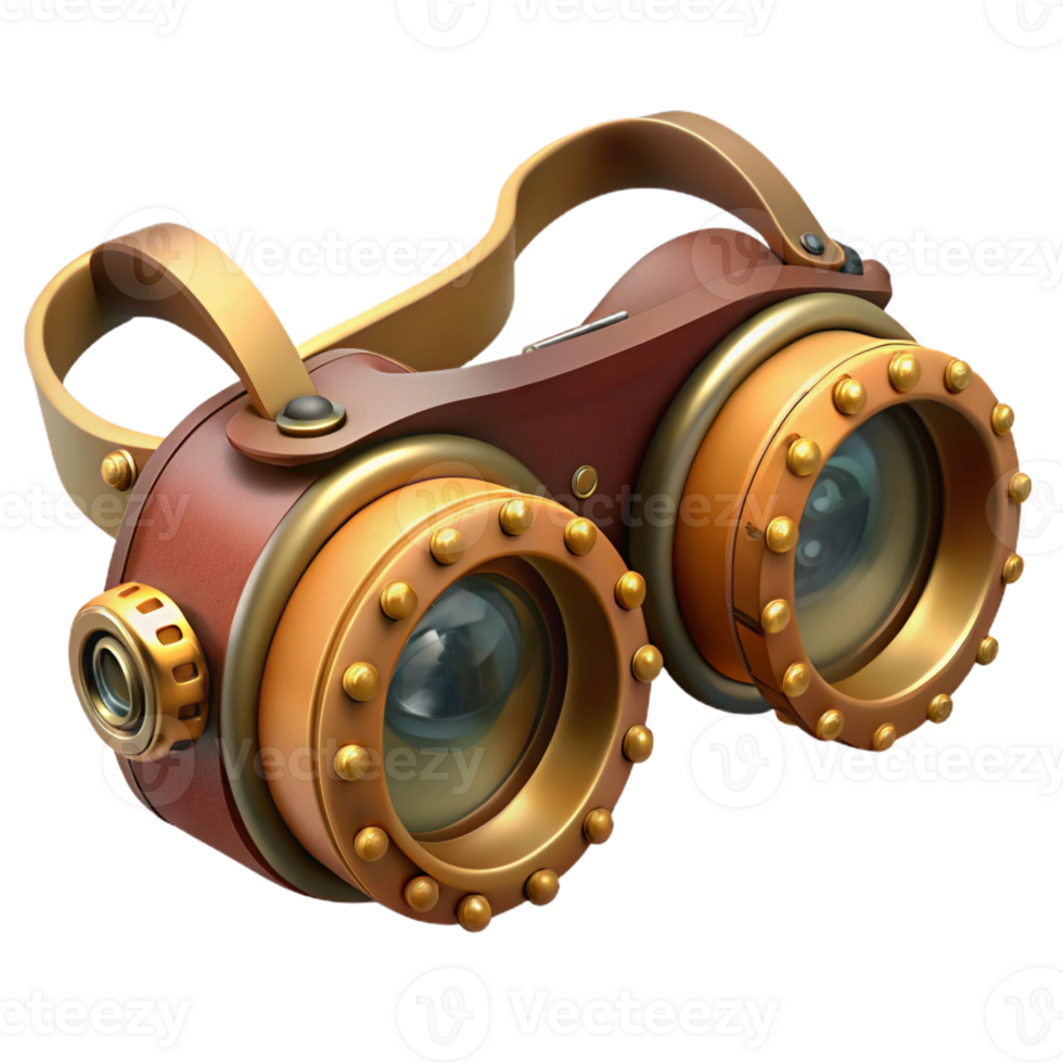 beautiful minimalist Steampunk goggles with intricate brass gears and leather straps genuine png
