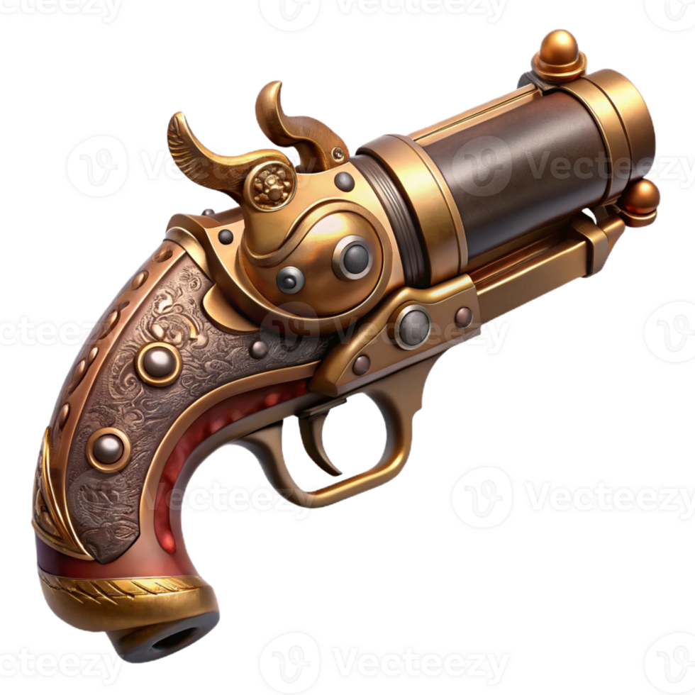 impressive vintage Steampunk pistol with ornate engravings and a brass barrel authentic png