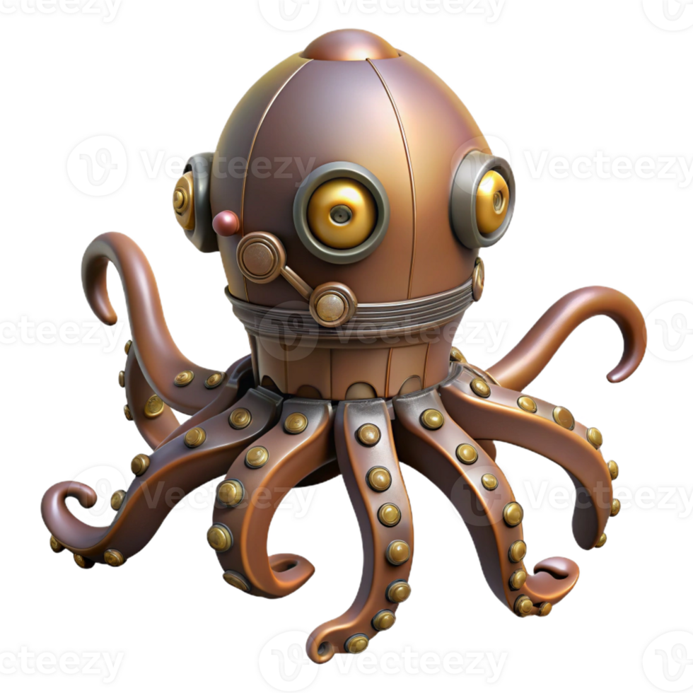 magnificent contemporary Steampunk octopus automaton with articulated tentacles genuine png