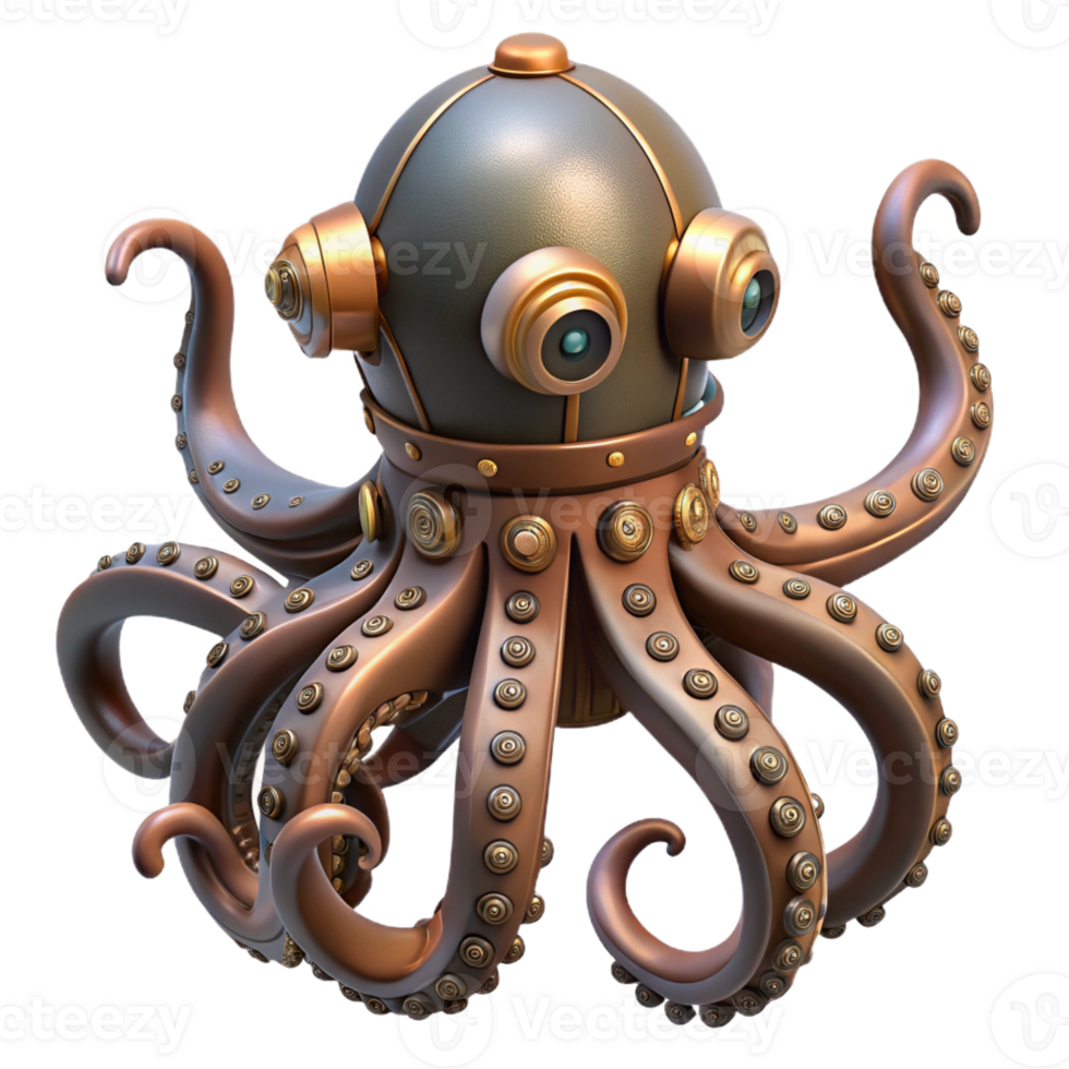 serene modern Steampunk octopus automaton with articulated tentacles high quality png