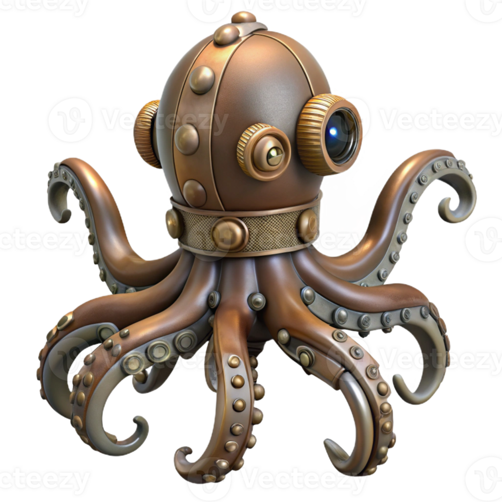 dramatic rustic Steampunk octopus automaton with articulated tentacles exclusive png
