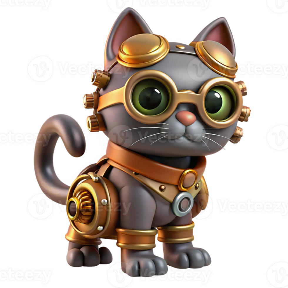 serene minimalist Steampunk cat with gears and goggles original png