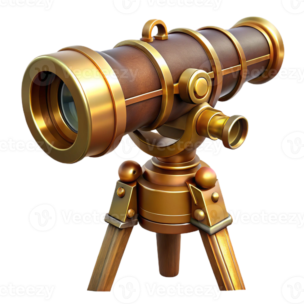serene creative Steampunk telescope with brass lenses and a wooden tripod mount 4K png