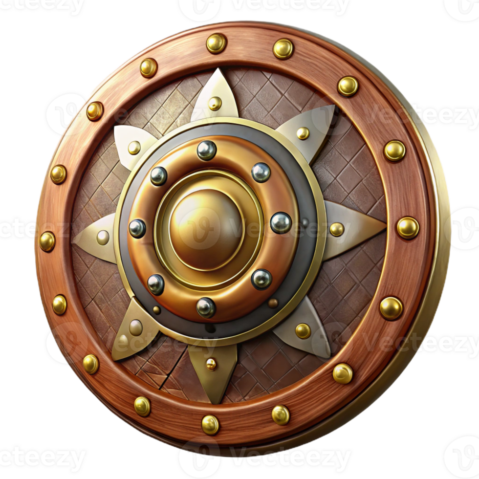vibrant traditional Steampunk shield with intricate engravings and a brass rim high resolution png