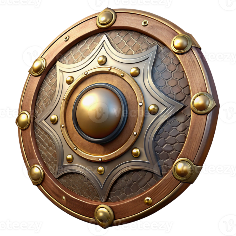 beautiful contemporary Steampunk shield with intricate engravings and a brass rim genuine png