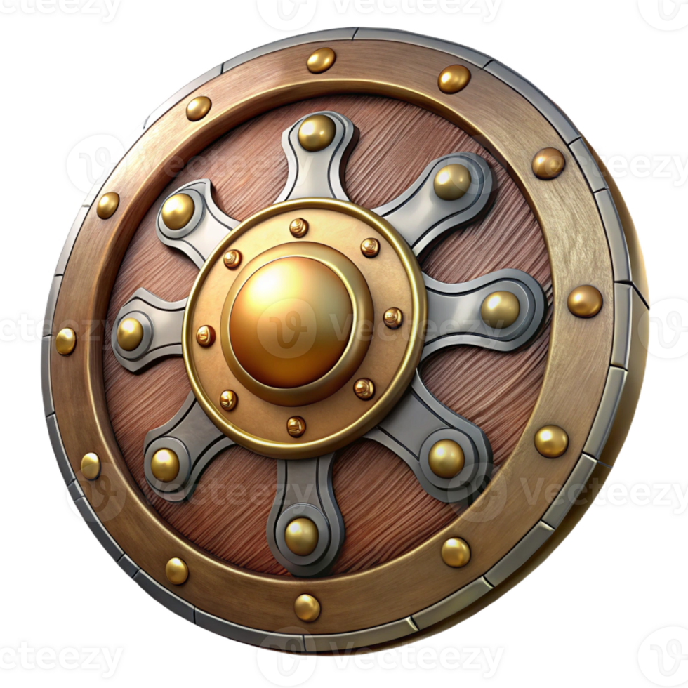 vibrant minimalist Steampunk shield with intricate engravings and a brass rim genuine png