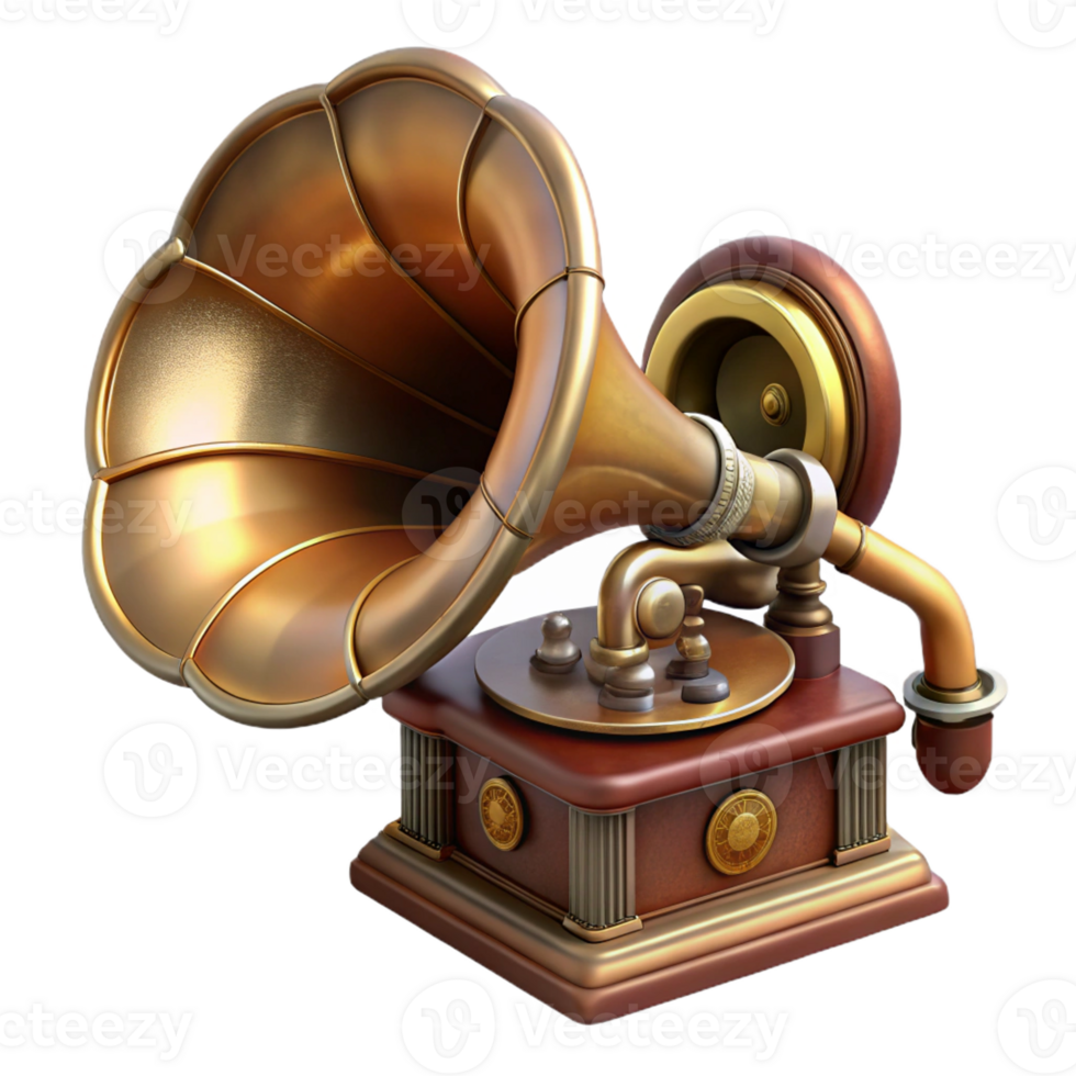 wonderful minimalist Steampunk gramophone with a brass horn and a hand crank 4K png