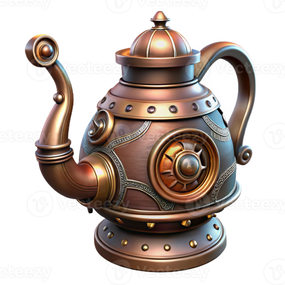 dramatic abstract Steampunk teapot with intricate carvings and a steam vent premium png