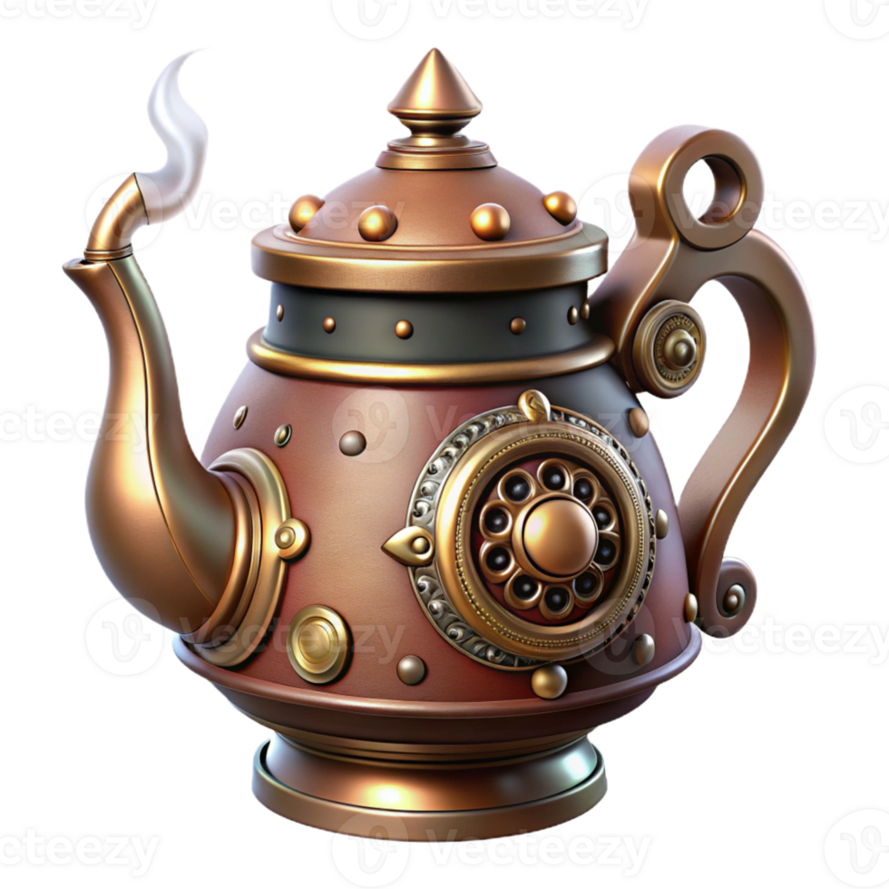 wonderful modern Steampunk teapot with intricate carvings and a steam vent premium png