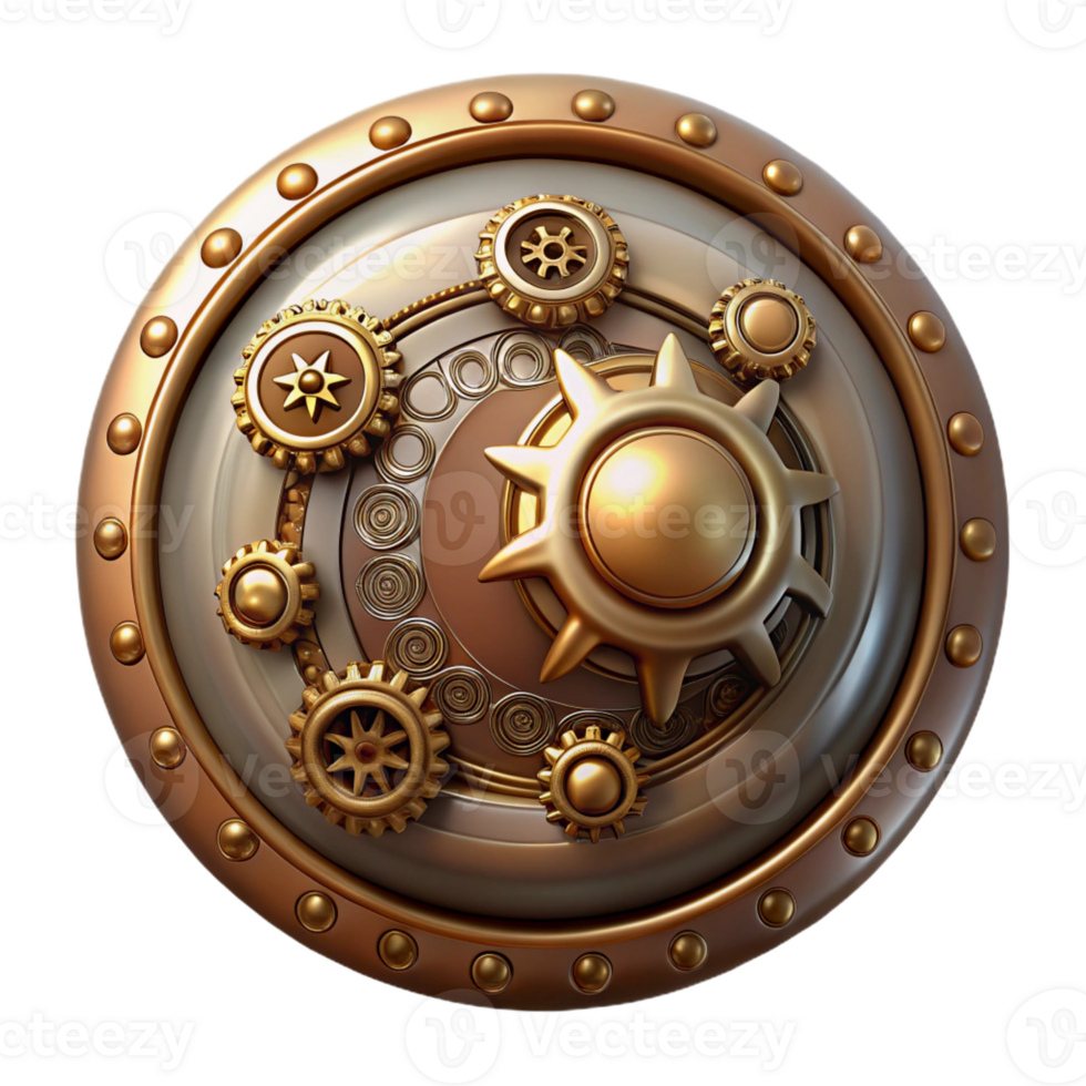 impressive modern Steampunk button, large and round with intricate engravings 4K png