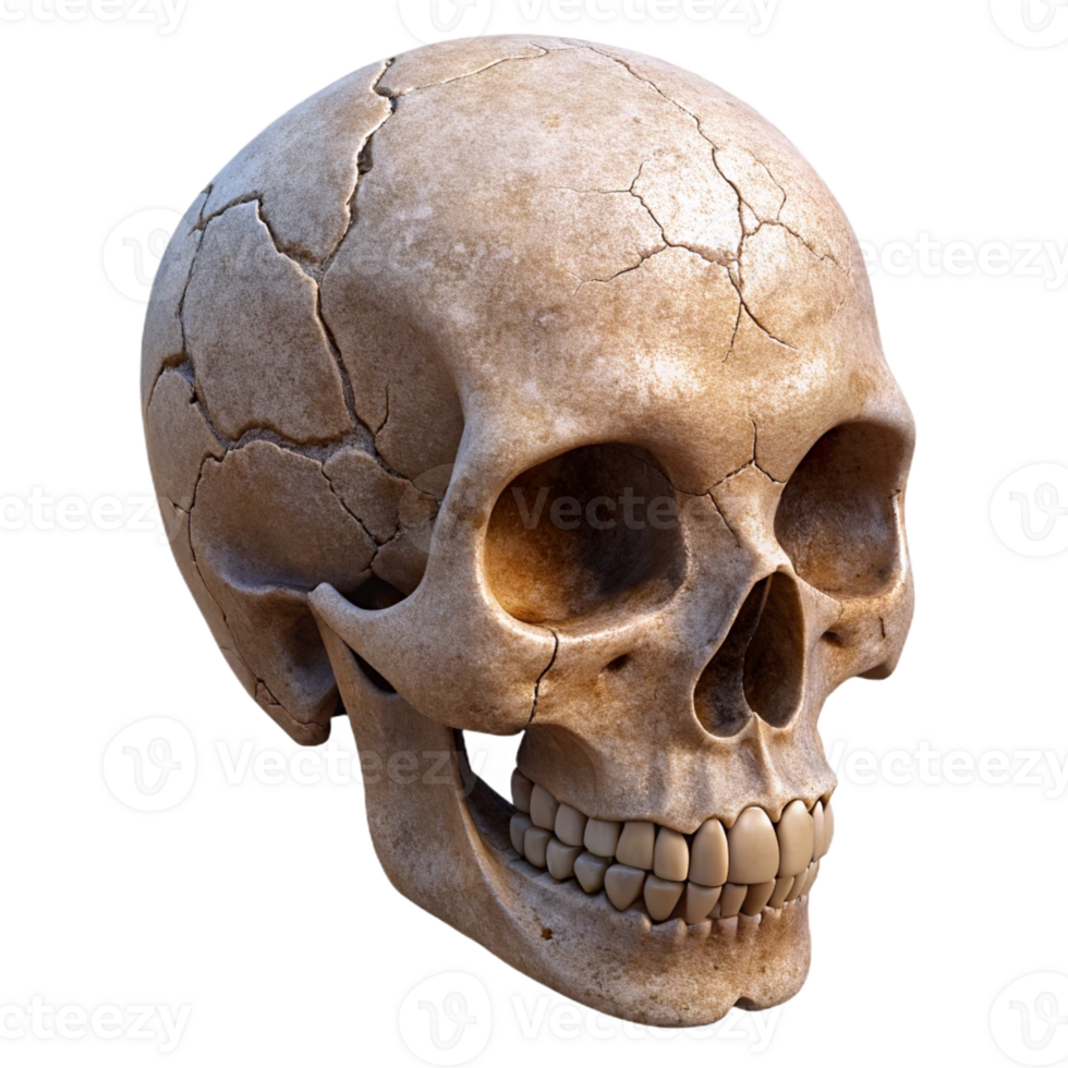 beautiful rustic A single, cracked human skull, weathered and ancient high resolution png