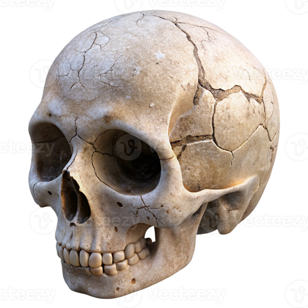 elegant classic A single, cracked human skull, weathered and ancient premium png