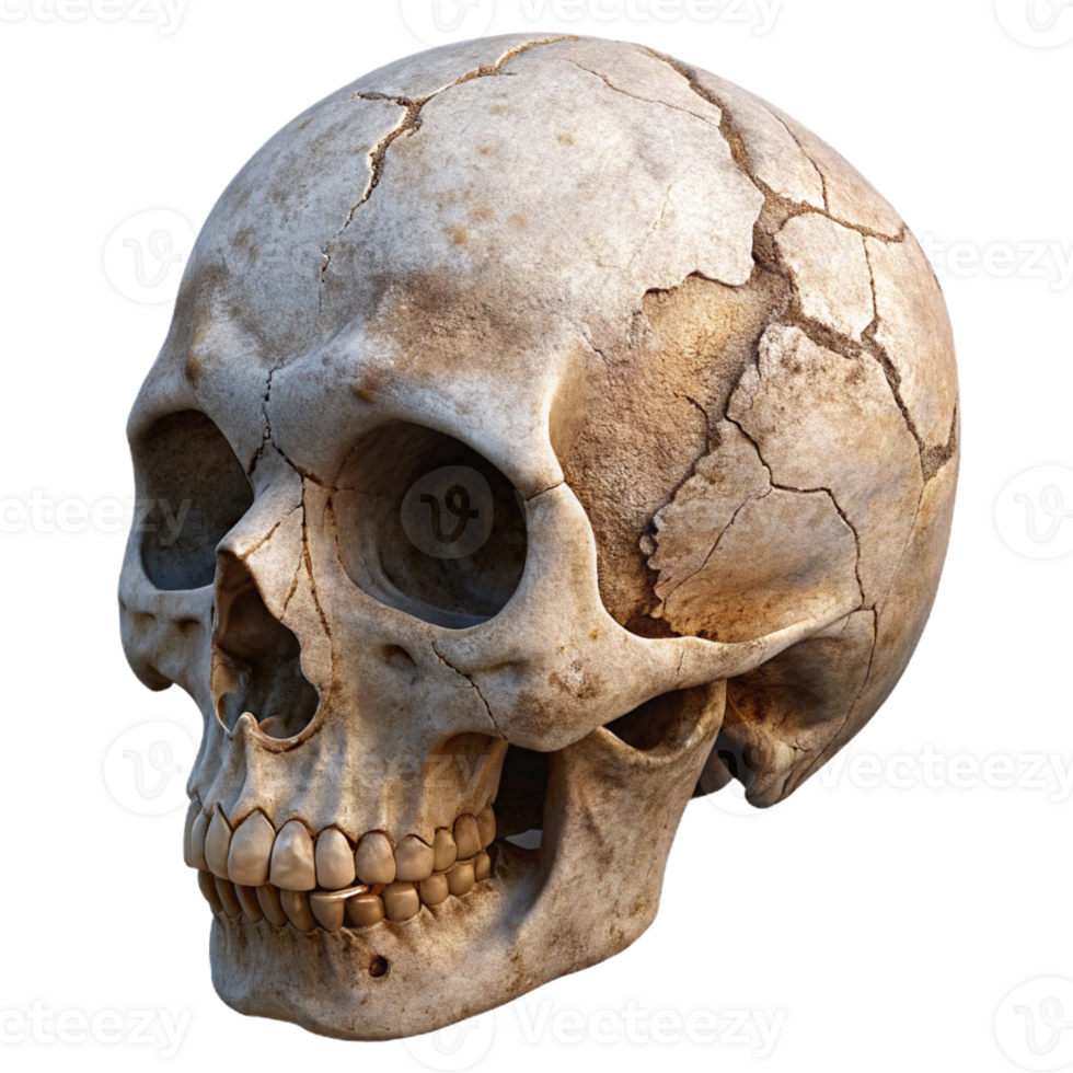 magnificent rustic A single, cracked human skull, weathered and ancient professional png