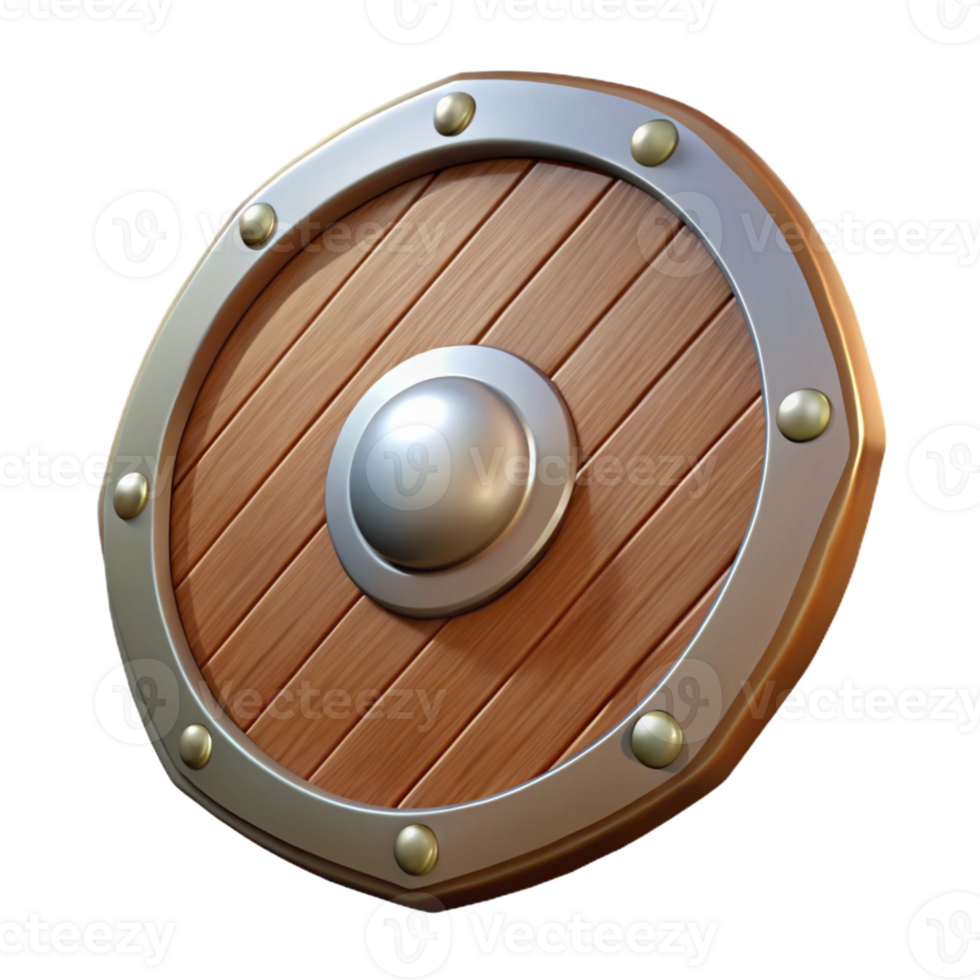 elegant artistic A single, wooden shield with a metallic rim authentic png
