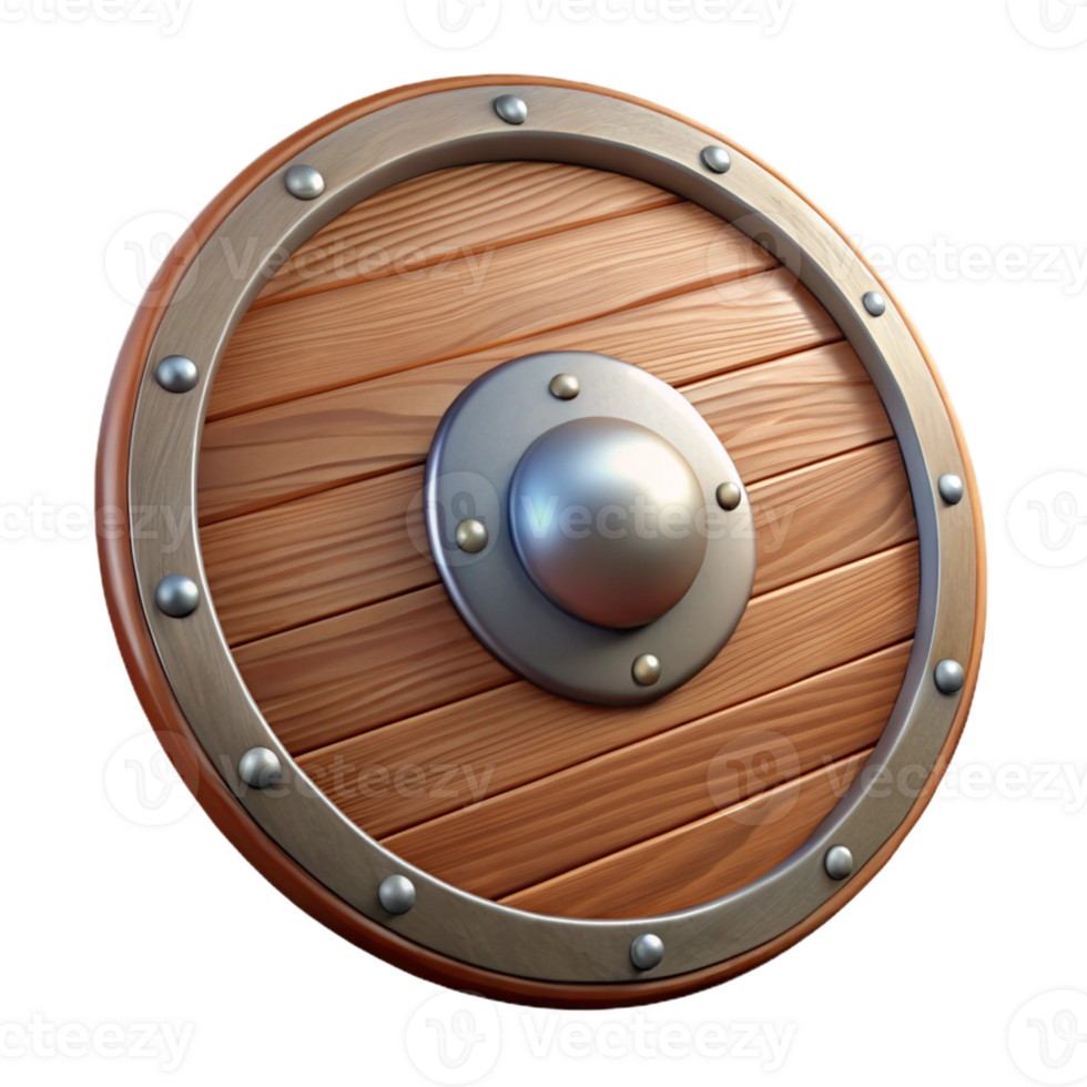 dramatic artistic A single, wooden shield with a metallic rim high quality png