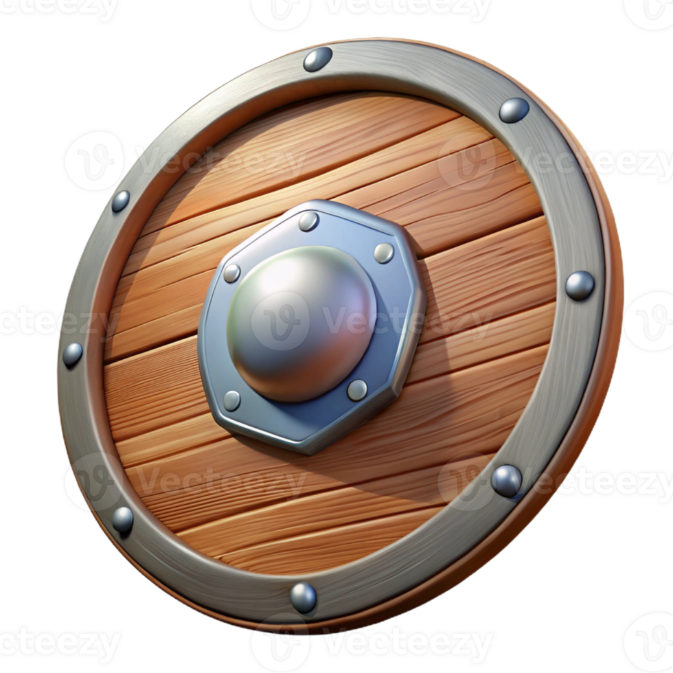 impressive artistic A single, wooden shield with a metallic rim authentic png