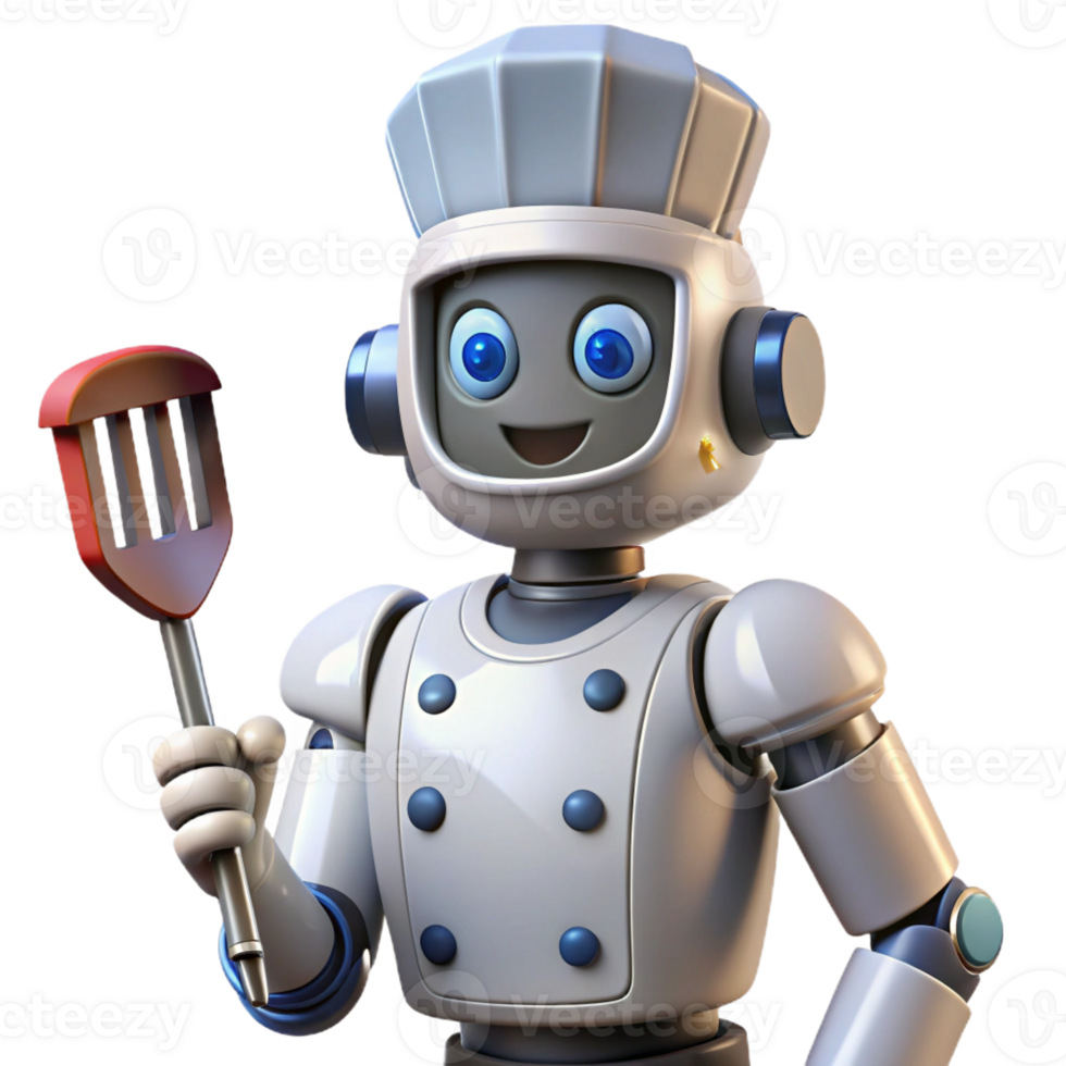 stunning rustic Futuristic Robot Chef holding a spatula high quality png