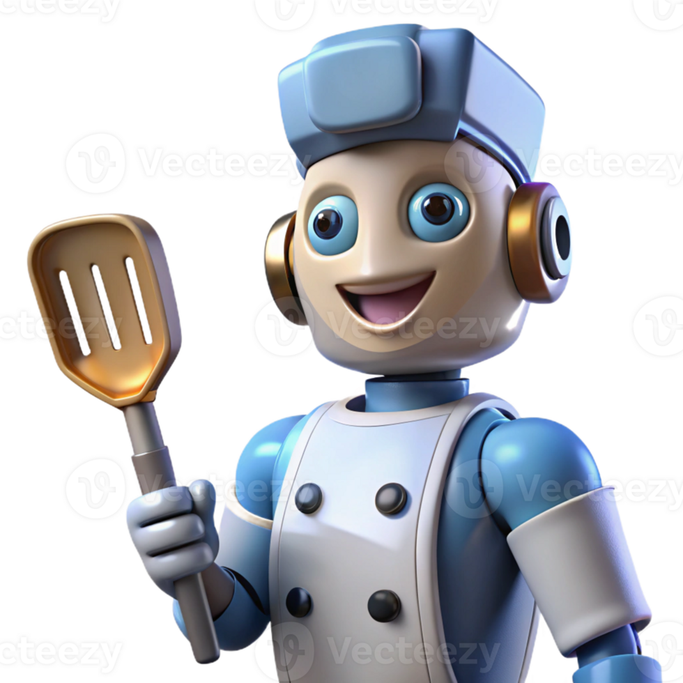 beautiful vintage Futuristic Robot Chef holding a spatula 4K png