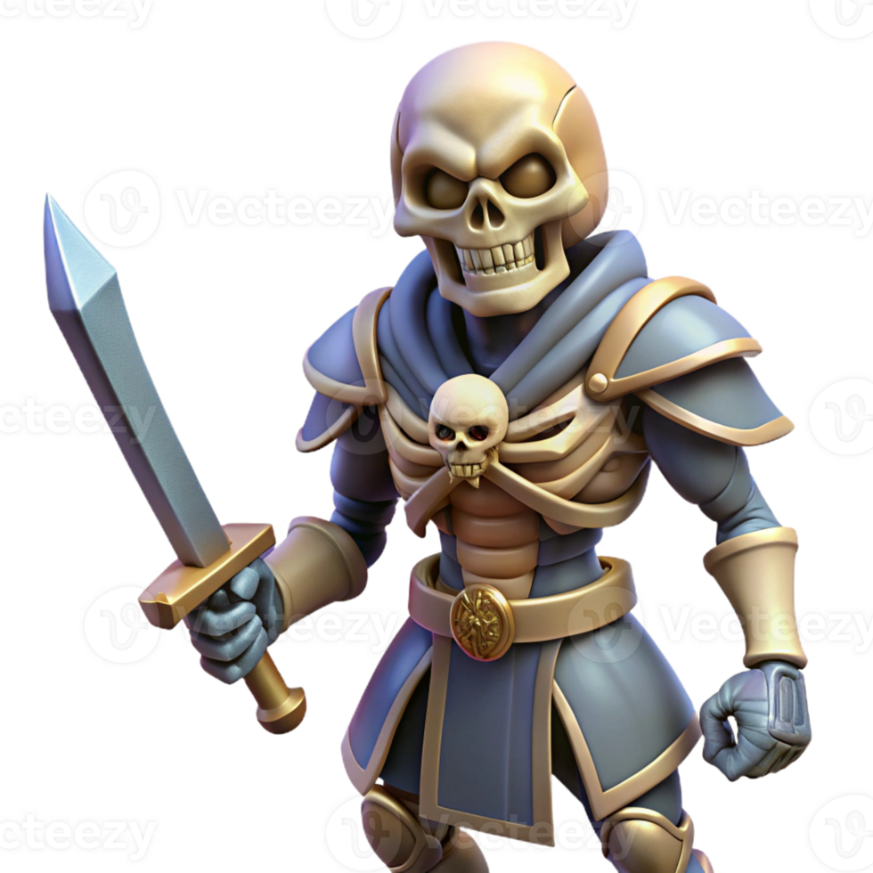 serene rustic A detailed illustration of a skeletal warrior, sword raised professional png