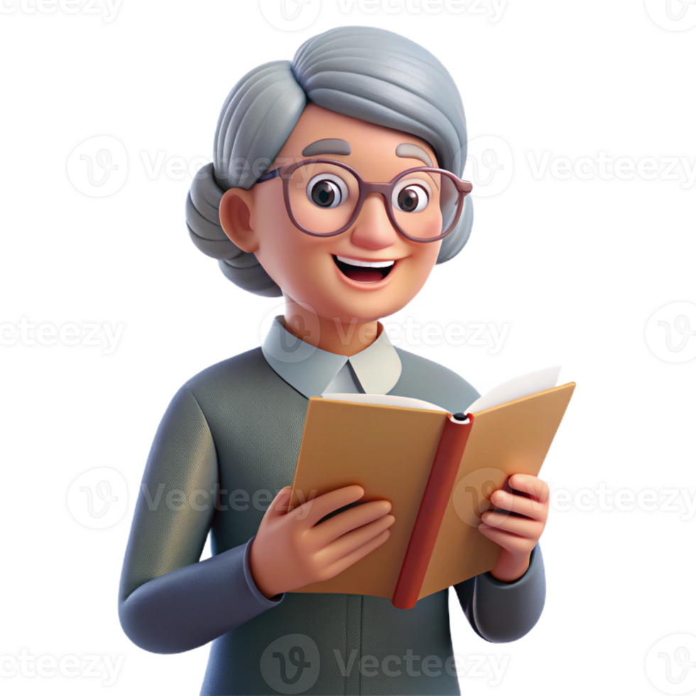 elegant modern Happy senior woman with glasses reading a book, premium png