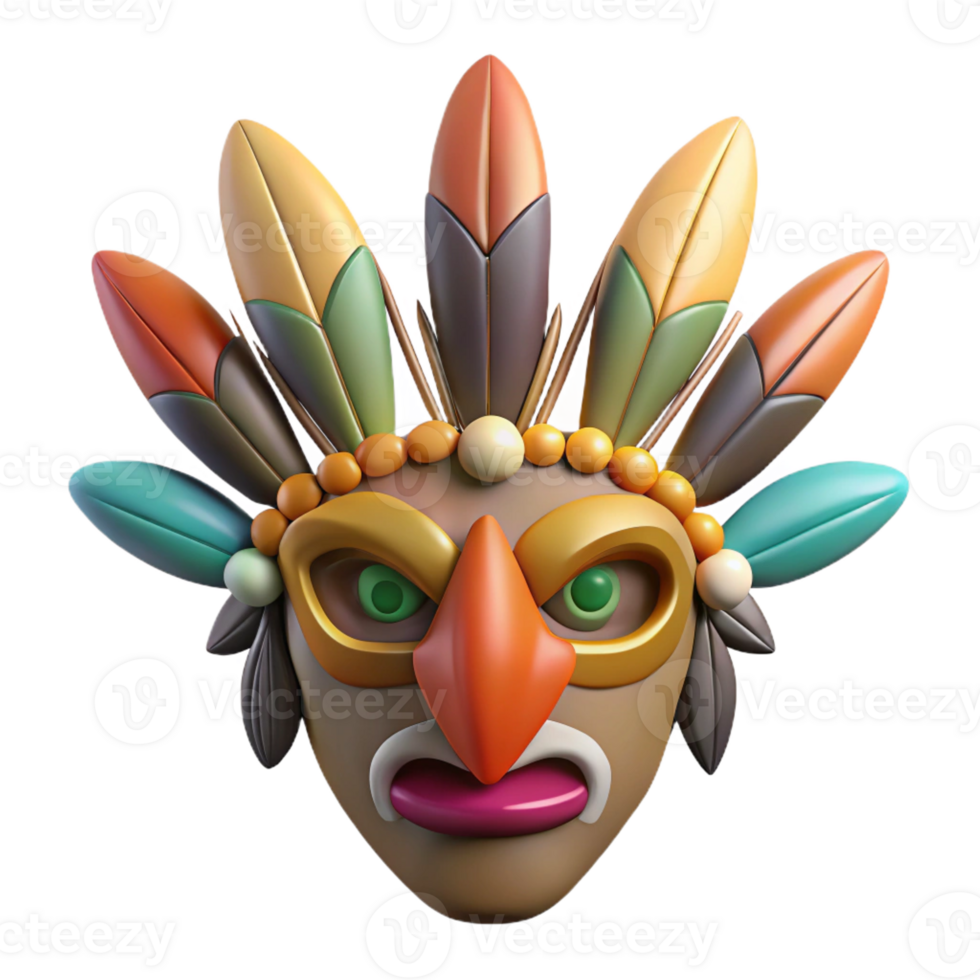 vibrant modern A stylized tribal mask, adorned with feathers and beads detailed png
