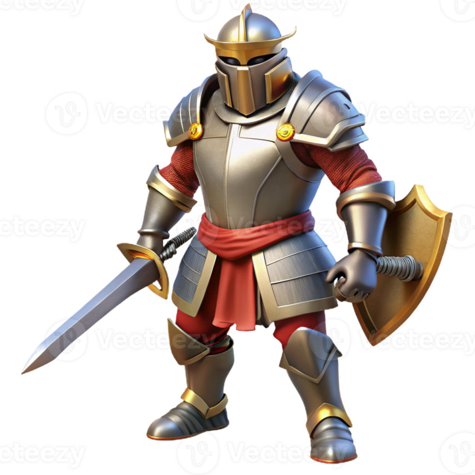 extraordinary minimalist A realistic knight, in full plate armor, wielding a sword detailed png