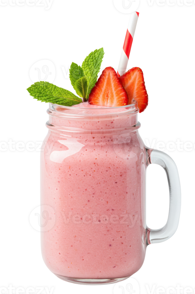 Strawberry Milkshake in a Glass Jar with Strawberry Slice and Mint, Isolated Transparent Background, Perfect for Cafe Menus and Beverage Promotions png