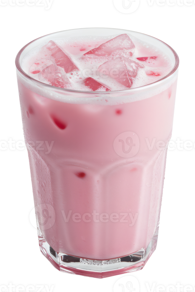 Refreshing Rose Milk with Ice Cubes in a Glass, Isolated Transparent Background, Ideal for Summer Drinks and Cafe Menus png