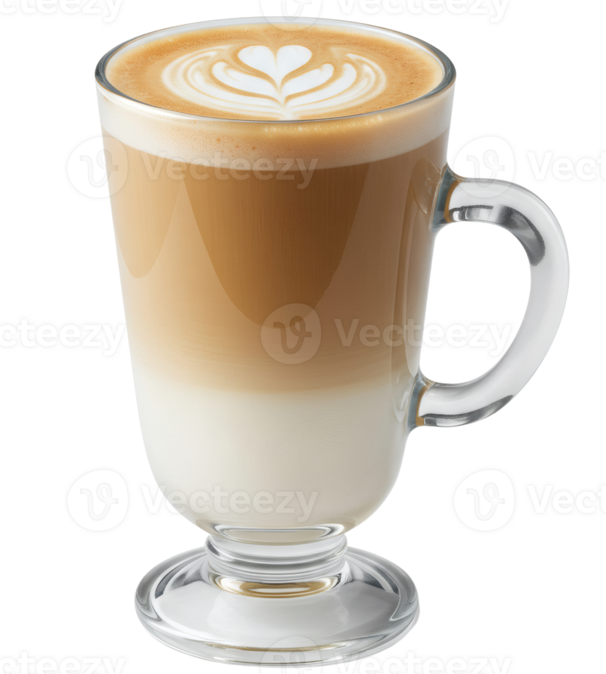 Layered Caramel Macchiato in a Glass Mug with Latte Art, Isolated Transparent Background, Perfect for Coffee Menus and Advertising png