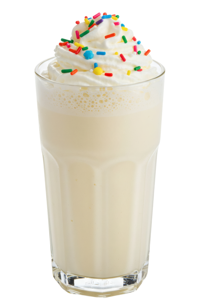 Vanilla Milkshake in a Tall Glass with Whipped Cream Topping, Isolated Transparent Background, Ideal for Dessert Menus and Beverage Advertising png