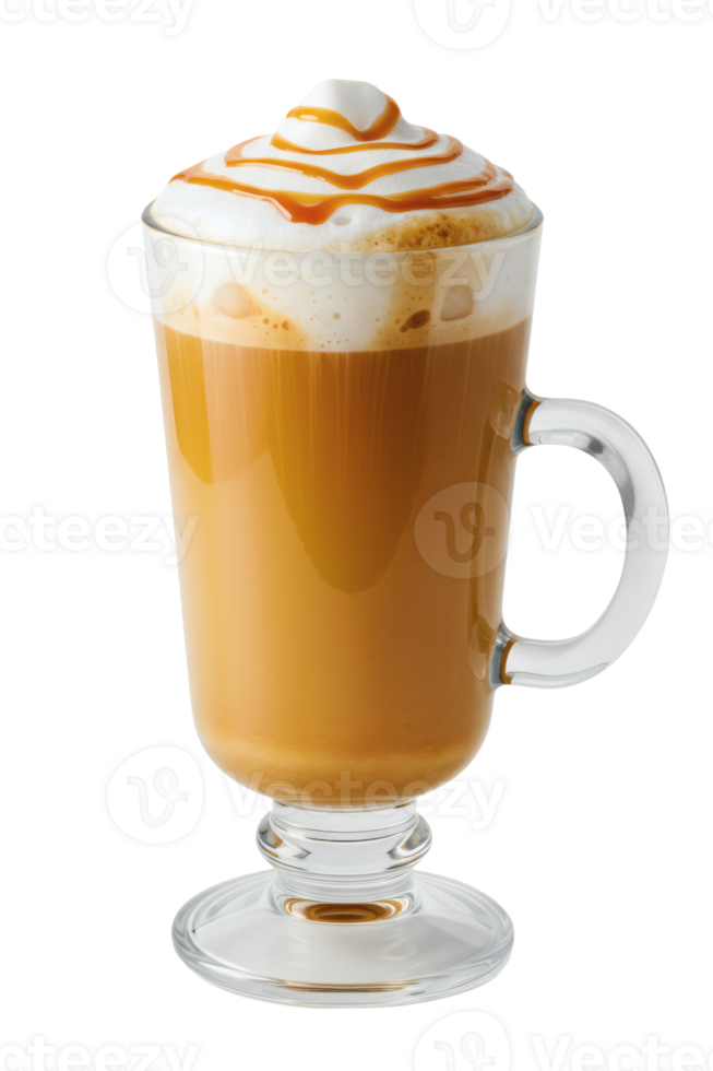 Caramel Macchiato with Frothy Milk and Drizzled Caramel, Isolated on White Background, Perfect for Coffee Menu and Advertising png