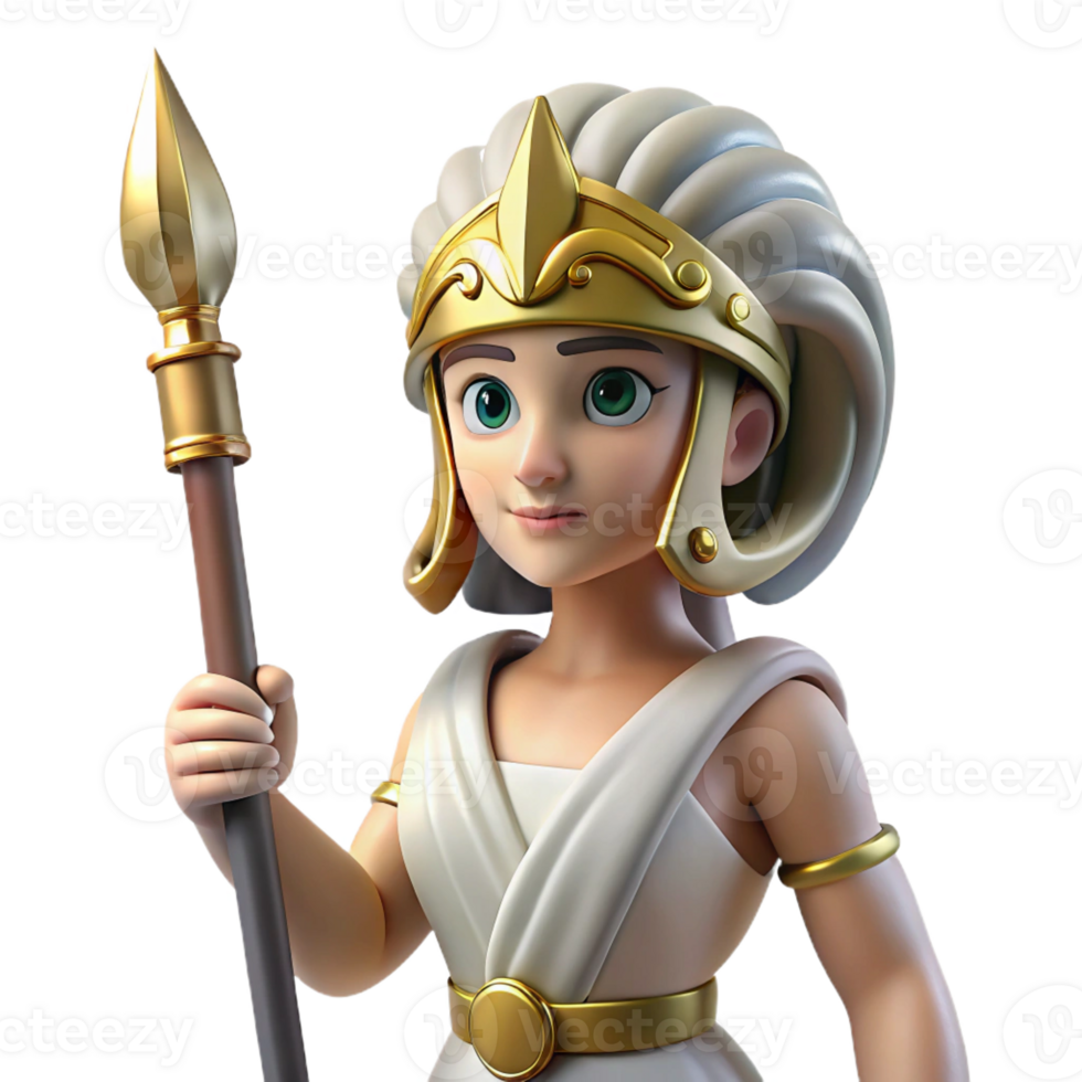 serene minimalist Athena, Goddess of Wisdom, wearing helmet, holding spear 4K png