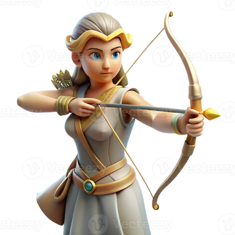 impressive creative Artemis, Goddess of the Hunt, holding bow and arrow, focused gaze authentic png