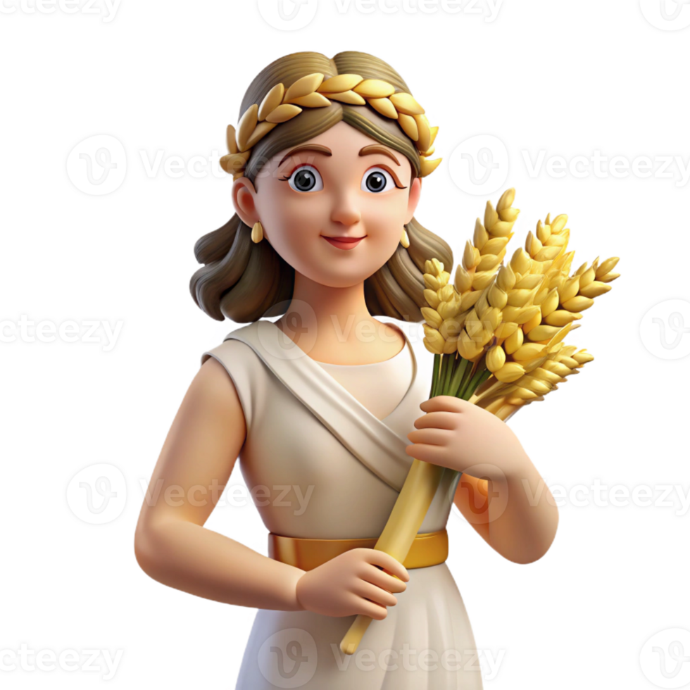 impressive artistic Demeter, Goddess of Agriculture, holding sheaf of wheat, maternal expression high resolution png