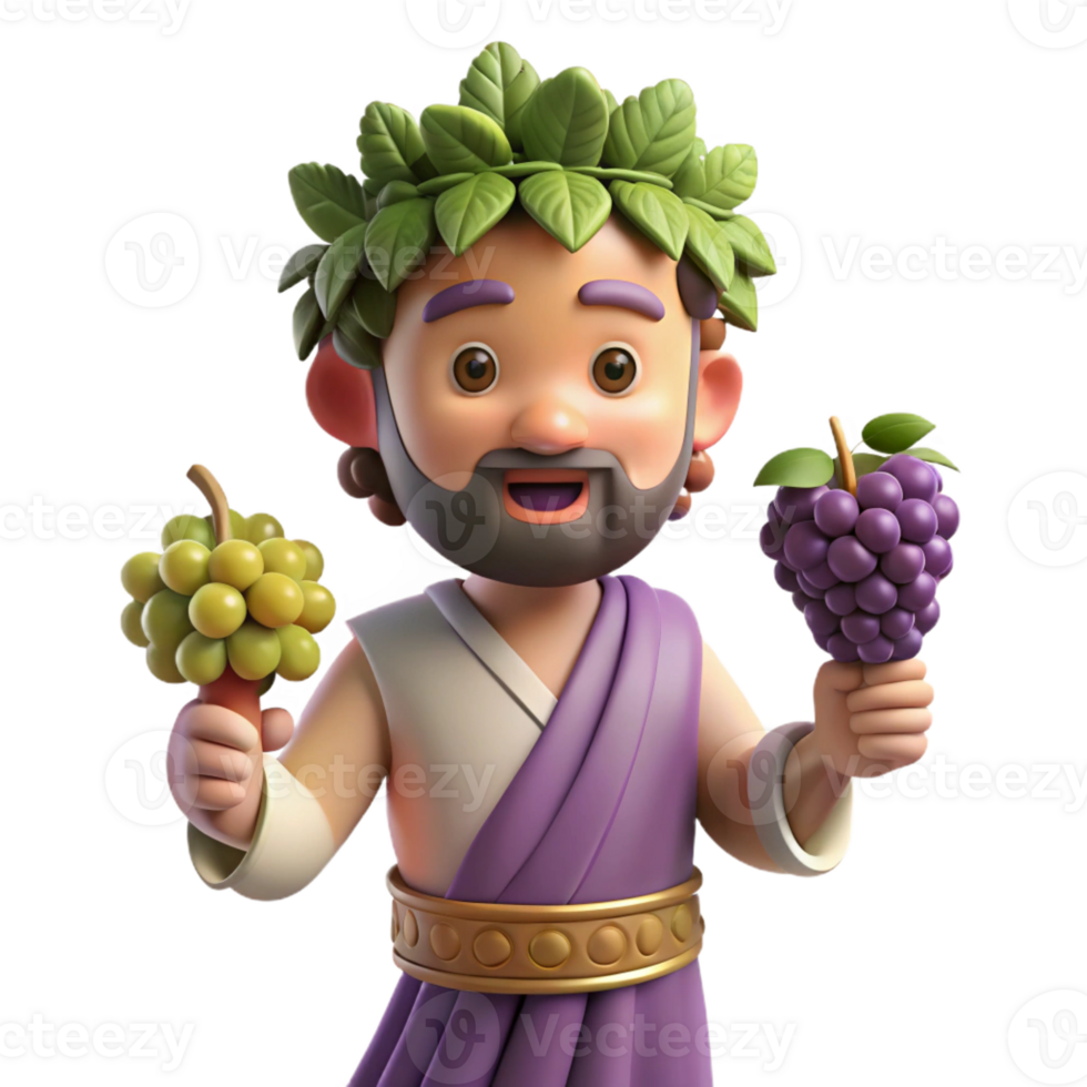 dramatic contemporary Dionysus, God of Wine, holding grapes, festive attire authentic png
