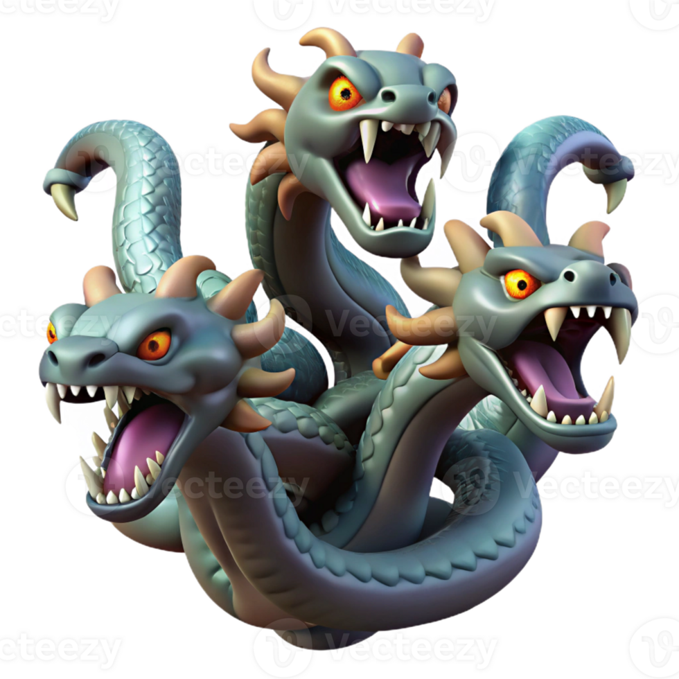 stunning artistic Hydra, multi-headed serpent, serpentine body, menacing fangs premium png