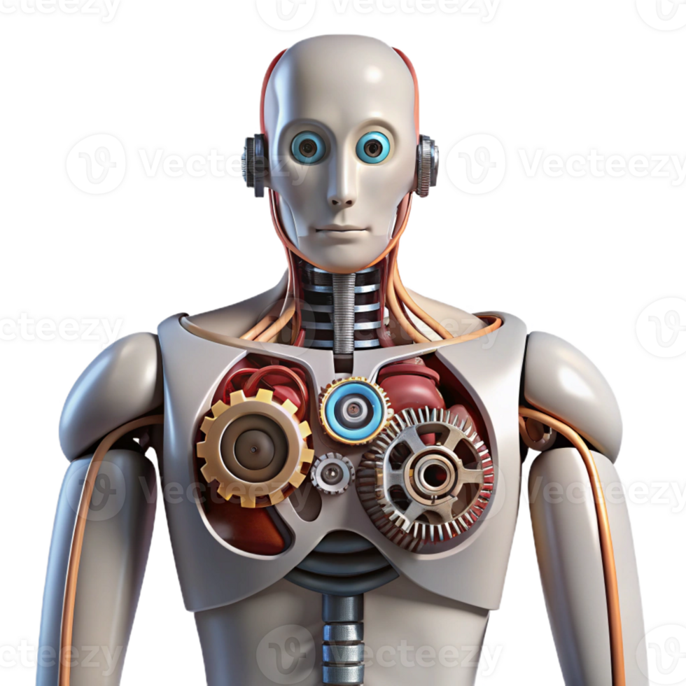 dramatic classic Robot torso, exposed wires and gears detailed png